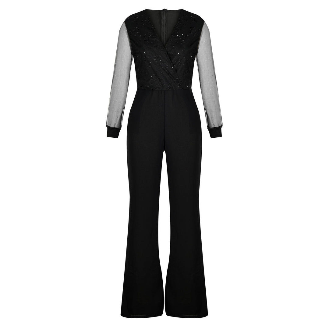 Model wearing a black women's one-piece jumpsuit, showcasing effortless casual fashion.