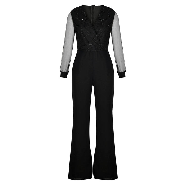 Model wearing a black women's one-piece jumpsuit, showcasing effortless casual fashion.