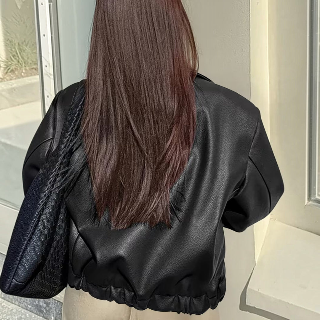 Complete your look with this women's casual moto jacket, featuring a stylish lapel collar.