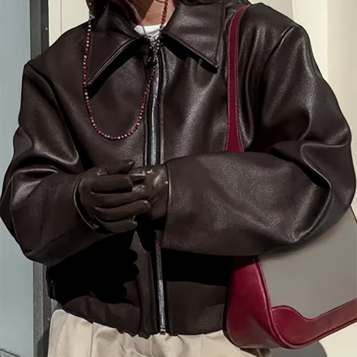 Brown women's casual moto jacket with lapel collar, essential for versatile fashion outfits.