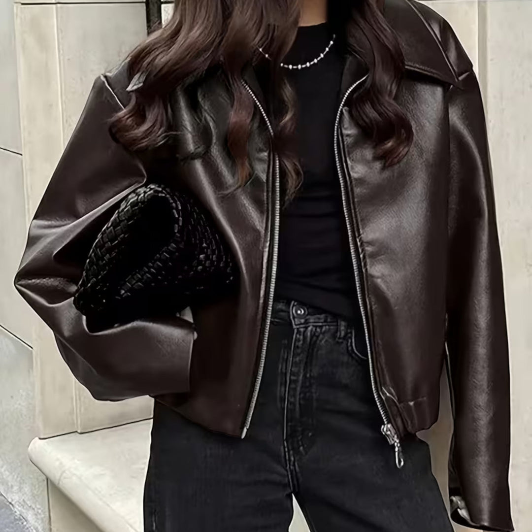 Women's classic moto jacket design with a stylish lapel collar, highly versatile for all seasons.