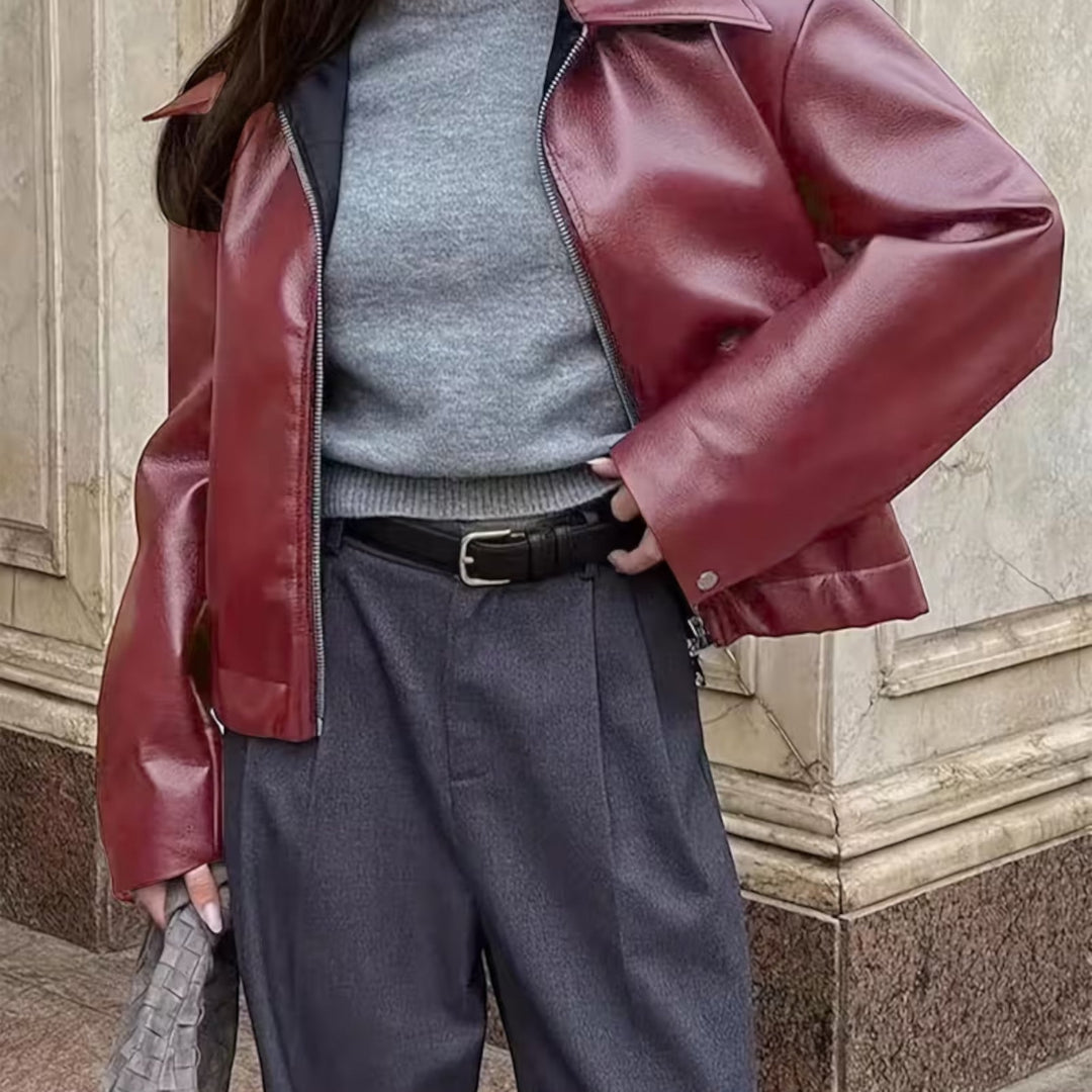 Casual elegant women's moto jacket with a flattering lapel collar, perfect for sophisticated outerwear.