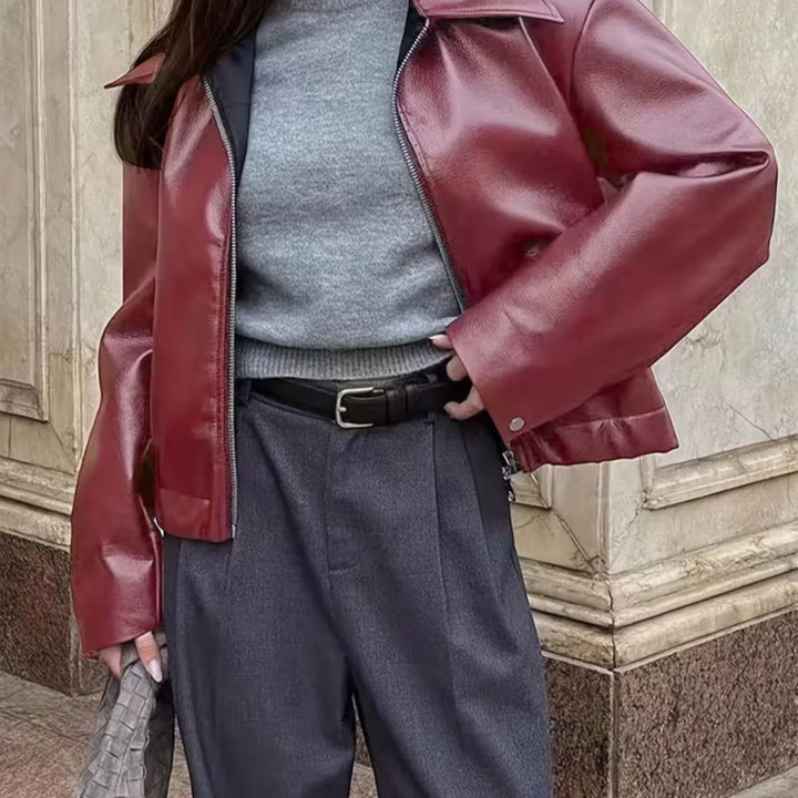 Casual elegant women's moto jacket with a flattering lapel collar, perfect for sophisticated outerwear.
