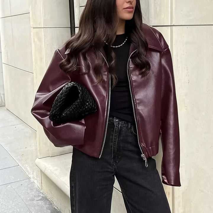 Versatile women's moto jacket with lapel collar, ideal for casual fashion & outerwear.