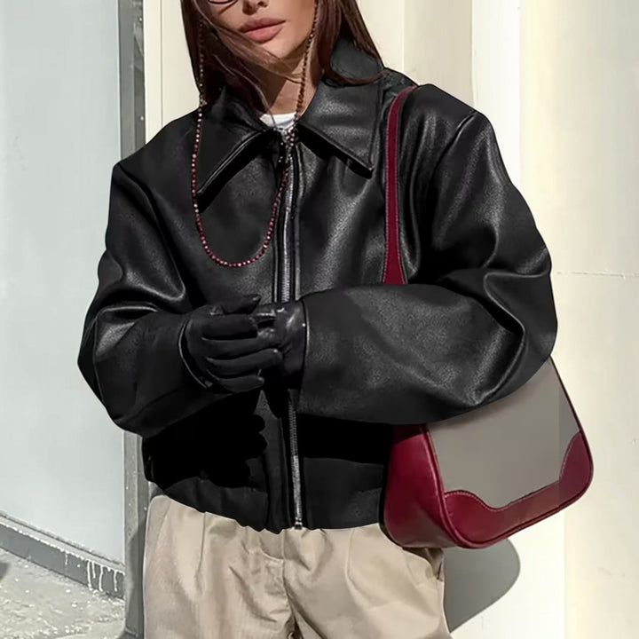 Burgundy women's casual moto jacket with lapel collar, a stylish outerwear choice for any day.