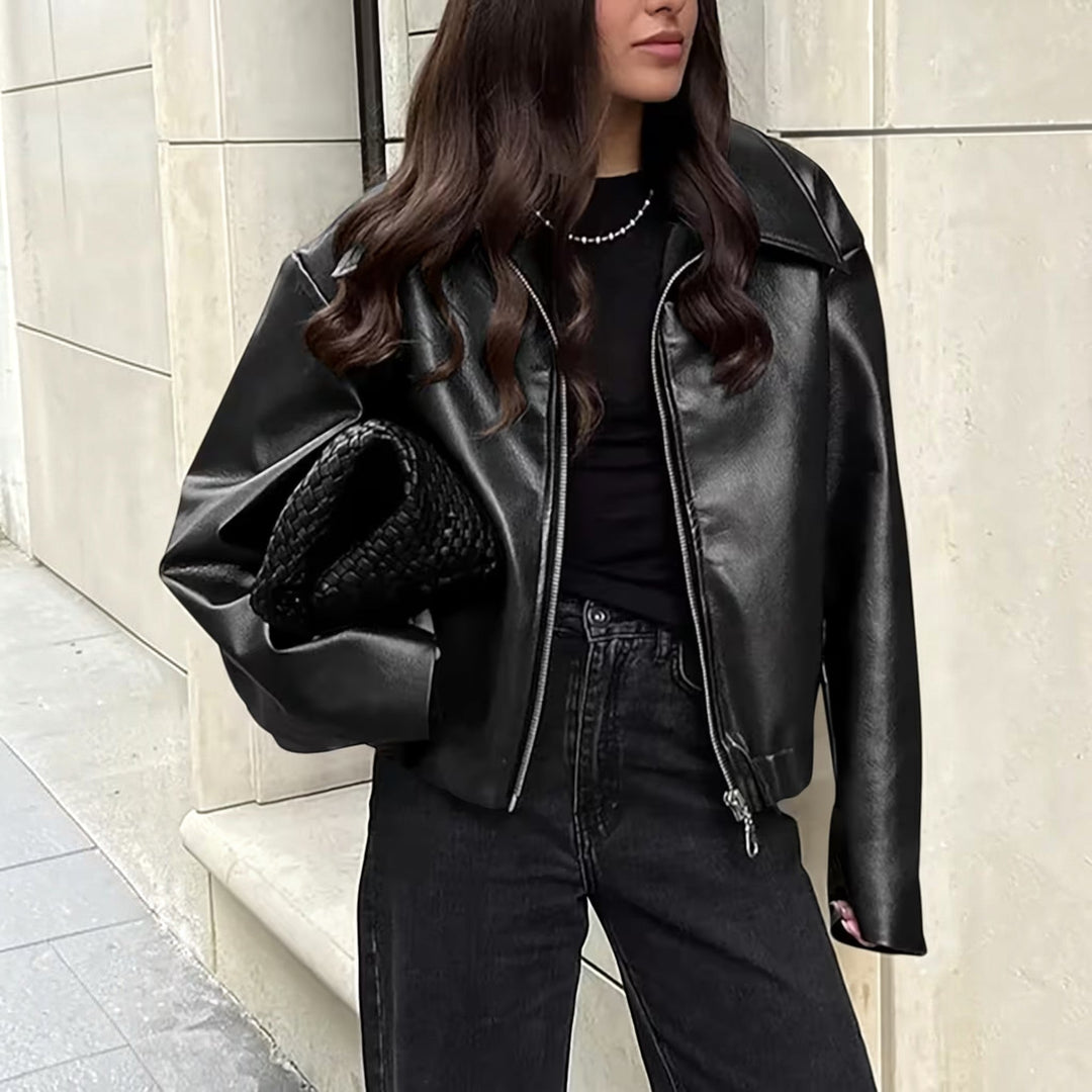 Comfortable & stylish women's moto jacket with lapel collar, great for casual elegance.