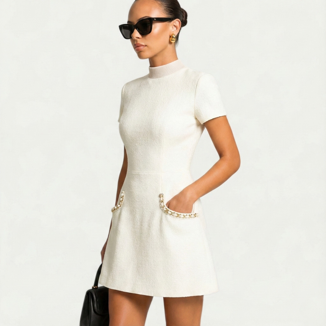 Fashionable pearl trim mini dress for women, a fitted cocktail party dress available in black or white.