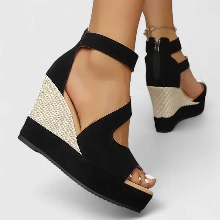 Comfortable women's black wedge sandals, great for summer casual and holiday fashion.