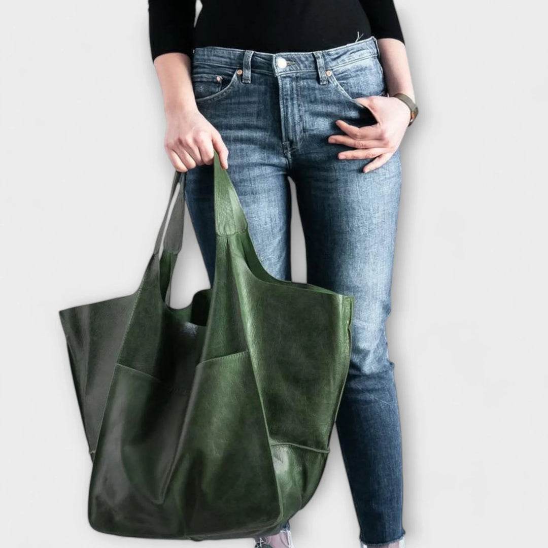 Forest green faux leather everyday tote, women's spacious handbag, durable design.