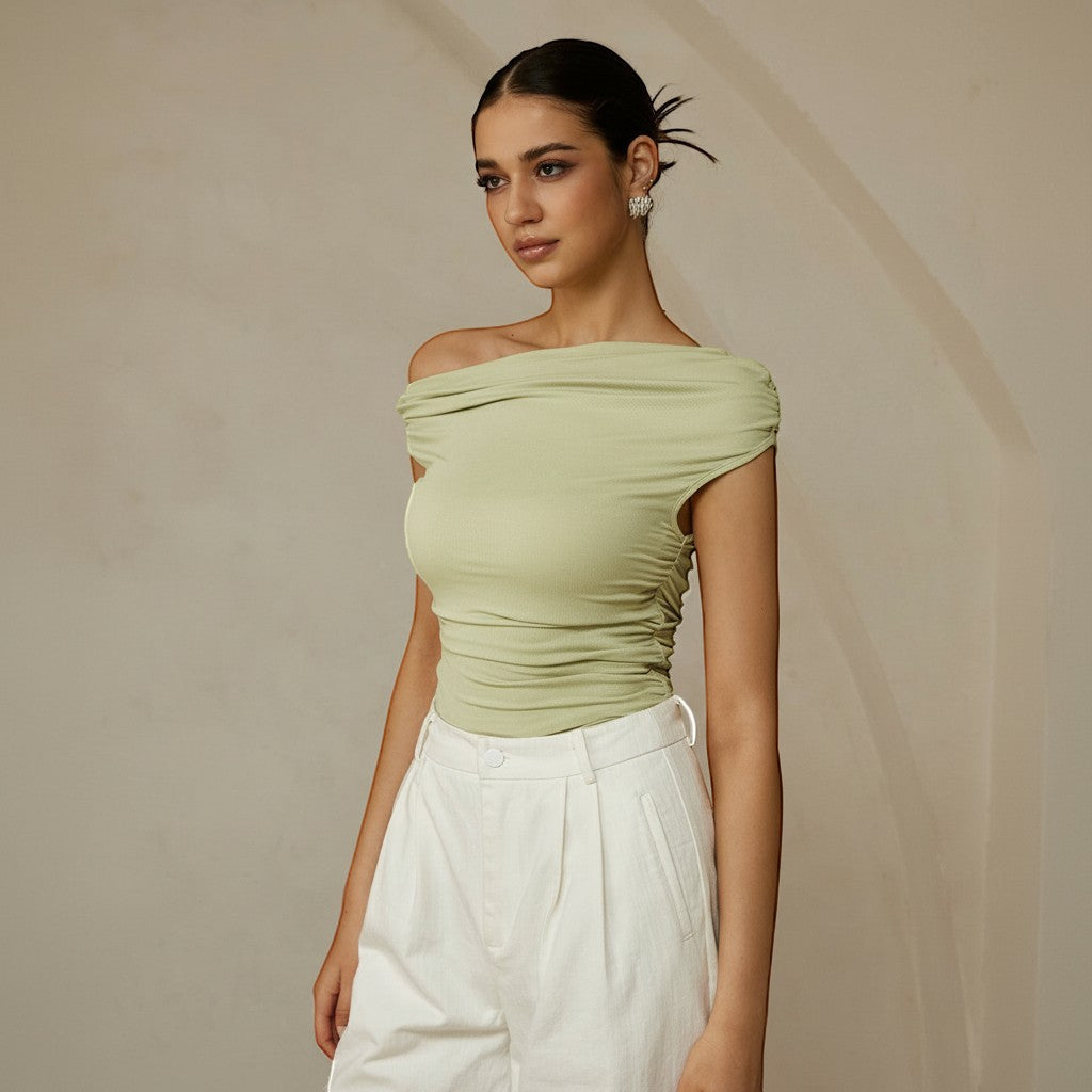 Chic black one shoulder top, ruched & fitted. Perfect asymmetrical evening wear.