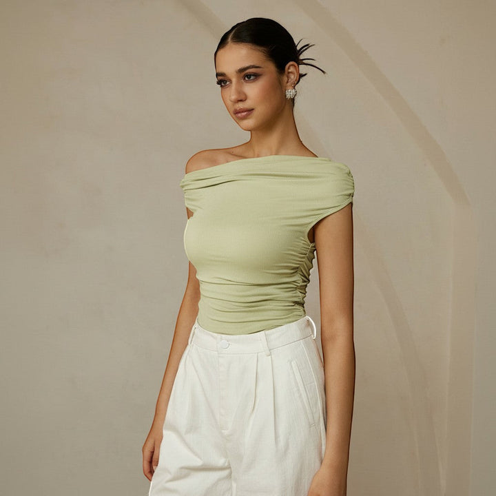 Chic black one shoulder top, ruched & fitted. Perfect asymmetrical evening wear.