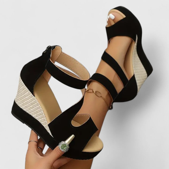 Black women's orthopaedic wedge sandals with arch & heel support for all-day comfort.
