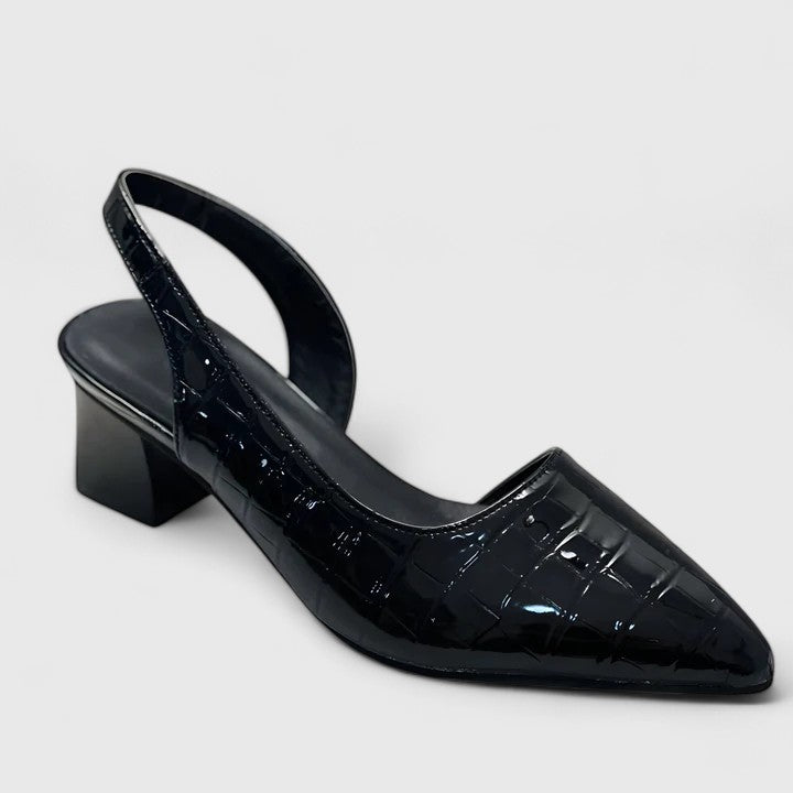 Comfortable black dress heels for women. Orthopaedic support for elegant all-day wear at office or events.