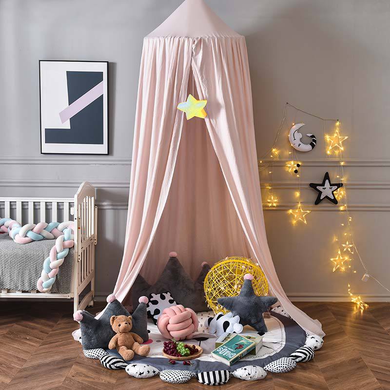 Kids' bed tent: Blackout canopy with a child peeking out, emphasizing fun & privacy.