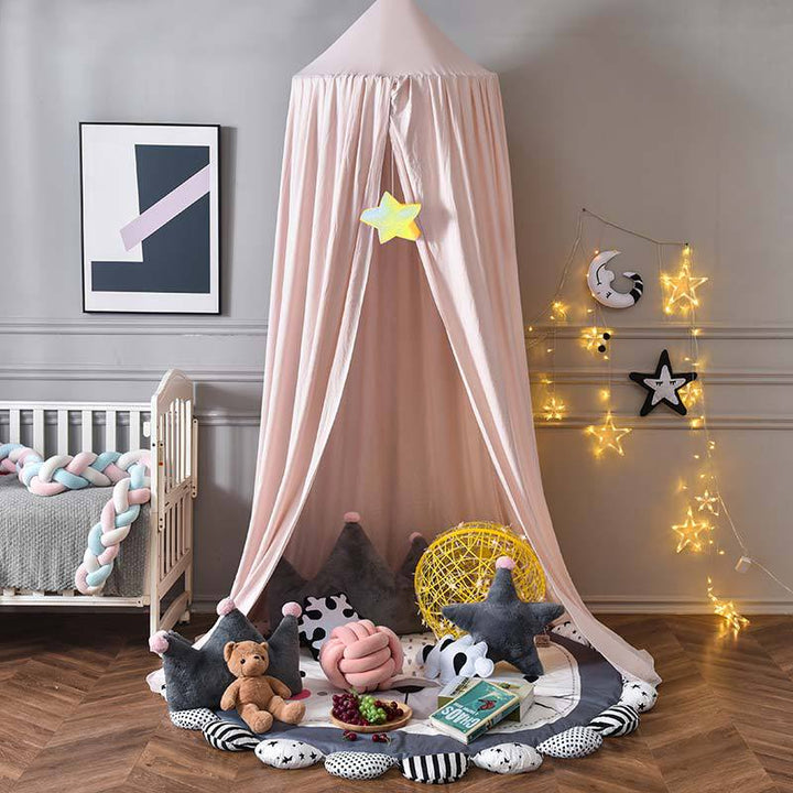 Kids' bed tent: Blackout canopy with a child peeking out, emphasizing fun & privacy.