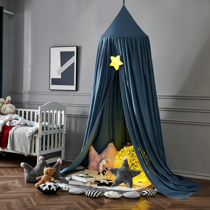 Children's black blackout canopy tent providing a dark, private sleep environment & play area.