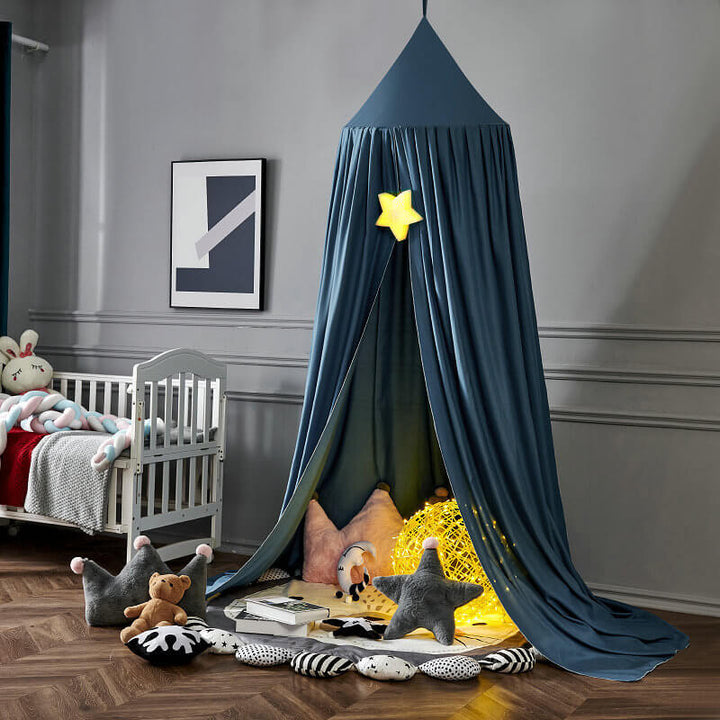Children's black blackout canopy tent providing a dark, private sleep environment & play area.