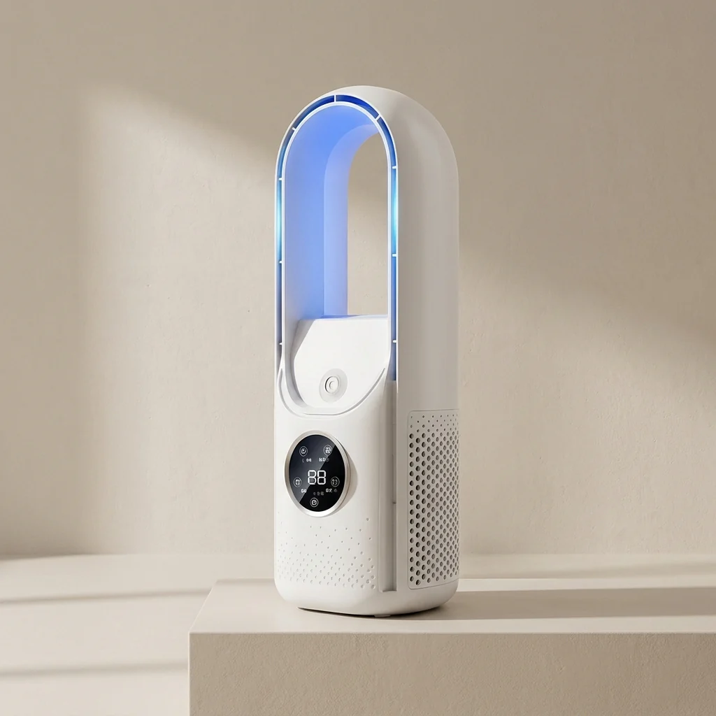 Bladeless personal air cooler with humidifier, 6-speed, USB powered for desktop & quiet operation.