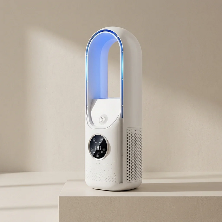 Bladeless personal air cooler with humidifier, 6-speed, USB powered for desktop & quiet operation.