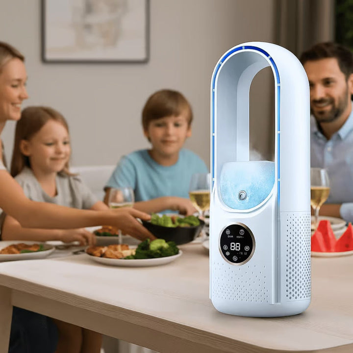 Compact bladeless personal cooler & portable humidifier, USB powered, ideal for desktop use.