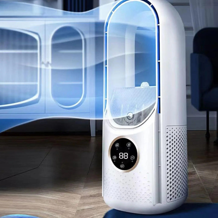 Unisex 6-speed bladeless desktop air cooler and portable humidifier, USB powered & quiet.