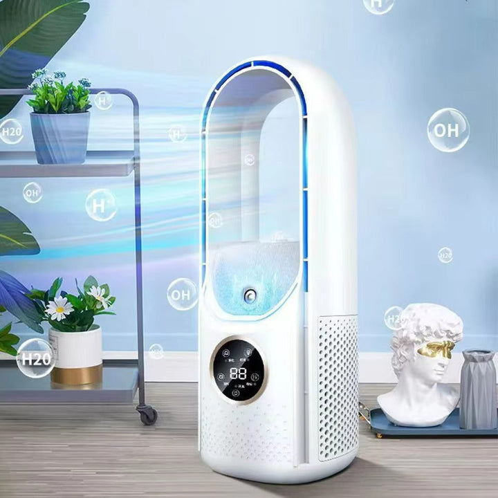 Innovative bladeless personal air cooler with humidifier, 6 speeds, USB powered, quiet for home.