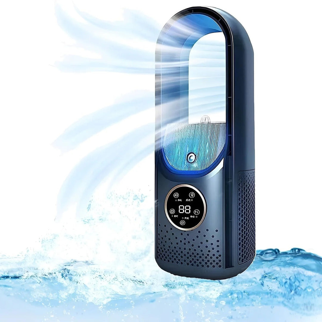 Portable bladeless personal air cooler with humidifier, 6-speed, USB powered for desk use.