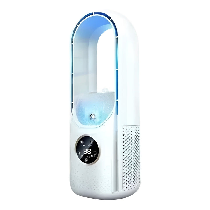 Sleek bladeless personal air cooler & portable humidifier, USB powered, quiet desktop fan.