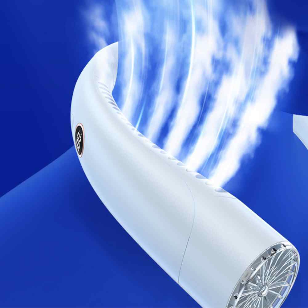 Sleek bladeless portable neck fan, a modern hands-free personal cooling gadget.