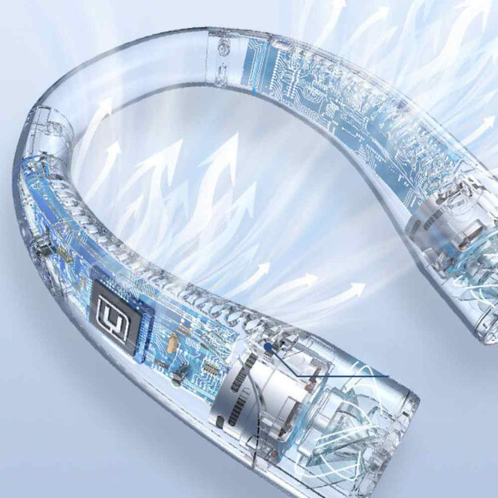 Travel-friendly bladeless neck fan, a hands-free personal cooler for outdoor adventures.