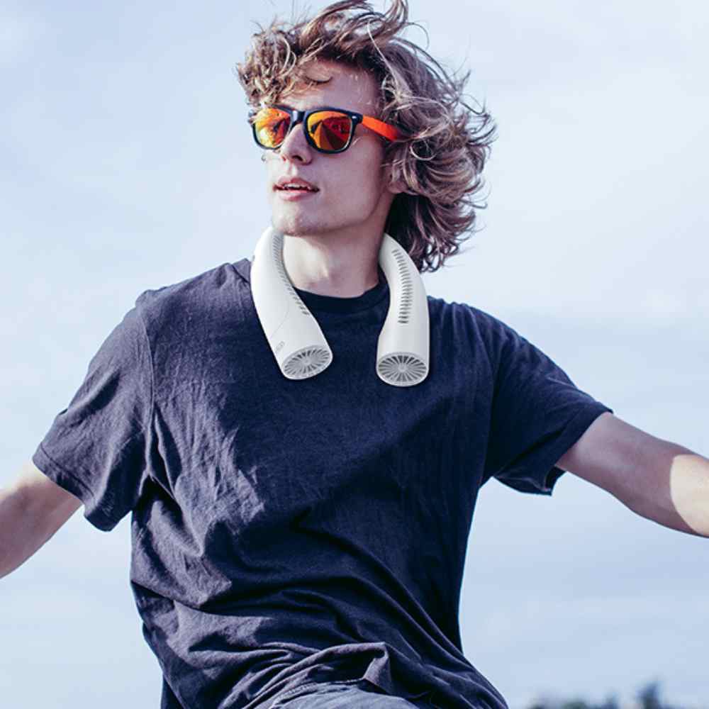 Ergonomic bladeless neck fan, comfortable and quiet personal cooling solution.