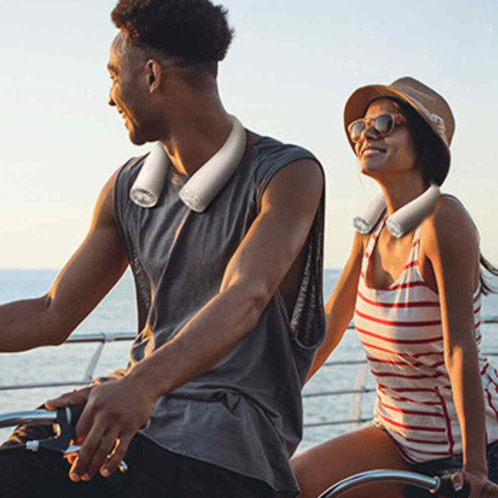 Safe bladeless neck fan, hands-free personal cooler for all ages.