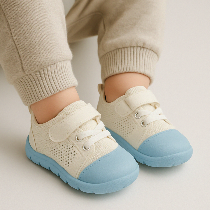 Close-up of blue baby barefoot sneakers showing the flexible sole.