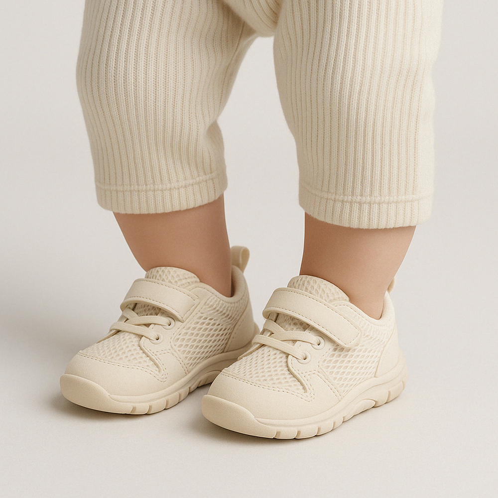 New arrival: beige toddler sneakers promoting healthy foot growth.