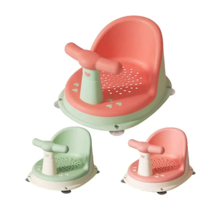Pink toddler bath time seat featuring non-slip suction cups and ergonomic back support.