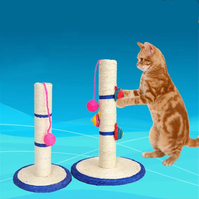 Blue compact cat scratching post with durable sisal rope & engaging hanging toys for feline claw care.