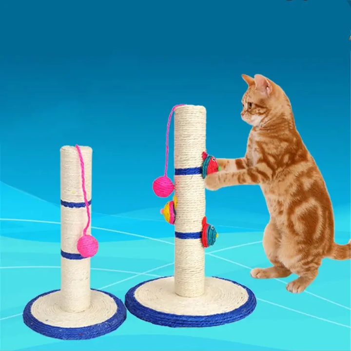 Blue compact cat scratching post with durable sisal rope & engaging hanging toys for feline claw care.