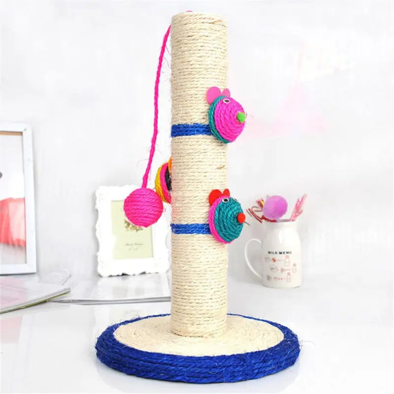 Interactive cat sisal scratching post with blue base, plush toys, promoting healthy claws & feline enrichment.