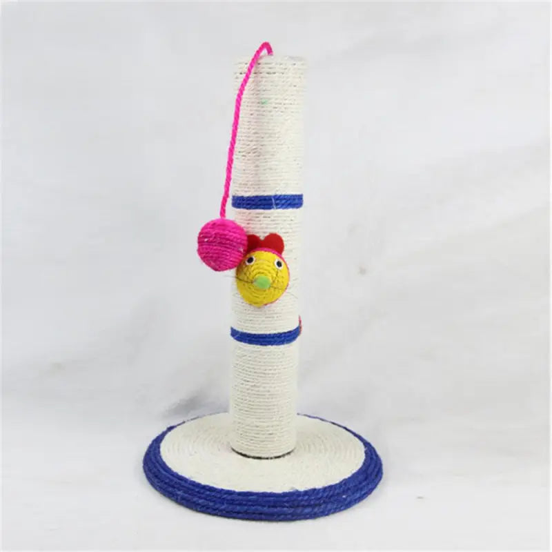 Durable sisal cat scratching post in blue, featuring interactive toys for endless play & essential claw maintenance.