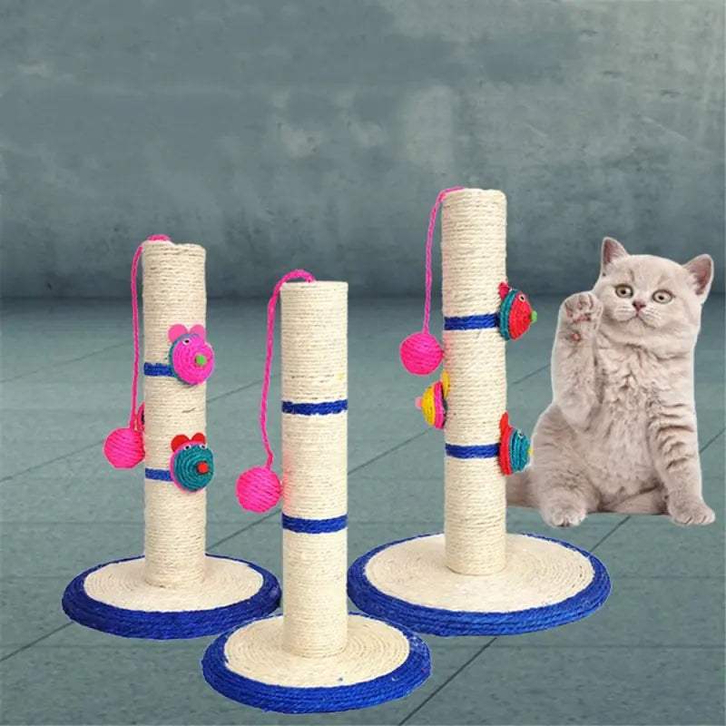 Compact blue cat scratching post with natural sisal, perfect for claw care, comes with fun attached cat toys.