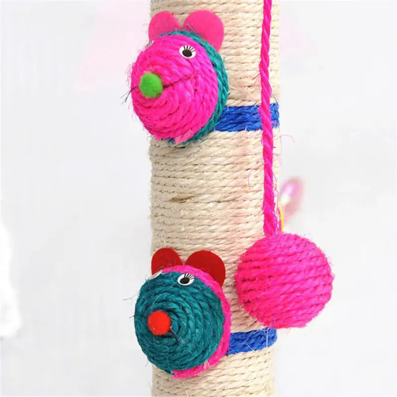 Sturdy feline enrichment sisal scratching post in blue, an interactive pet accessory with dangling toys for cats.