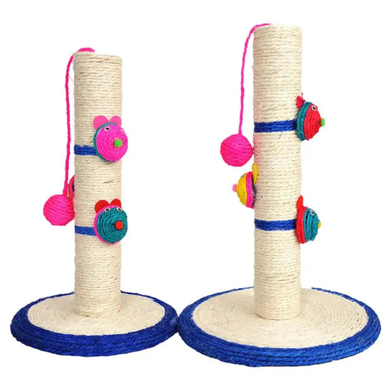 High-quality blue sisal cat scratching post with engaging dangling toys, essential for healthy claws & feline fun.