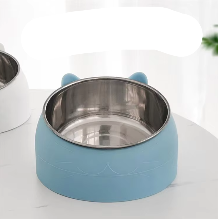 Non-slip blue cat bowl with a 15-degree incline, promoting healthy eating for pets.
