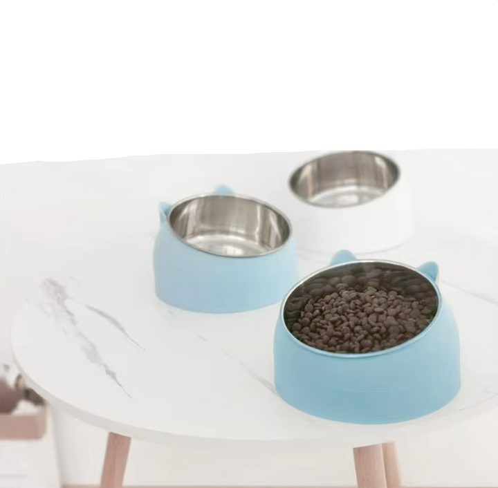 Modern blue cat bowl, elevated and angled 15 degrees for comfortable, mess-free feeding.