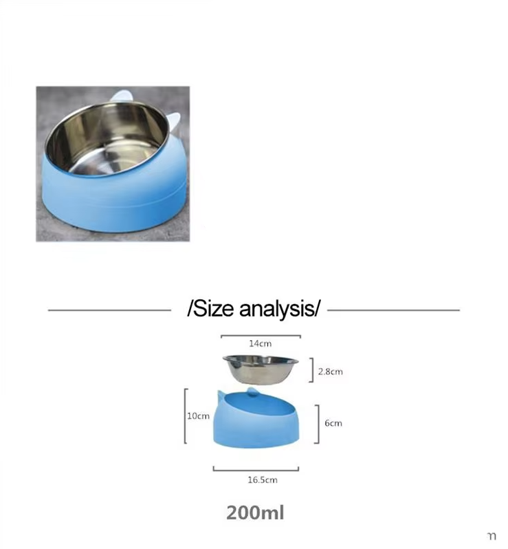 Durable stainless steel pet food bowl, ergonomically designed with 15-degree incline for cats.