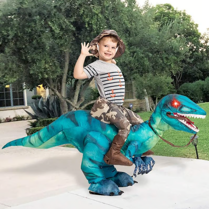 Blue inflatable dinosaur ride-on toy for kids & adults. Perfect for active outdoor & indoor play.