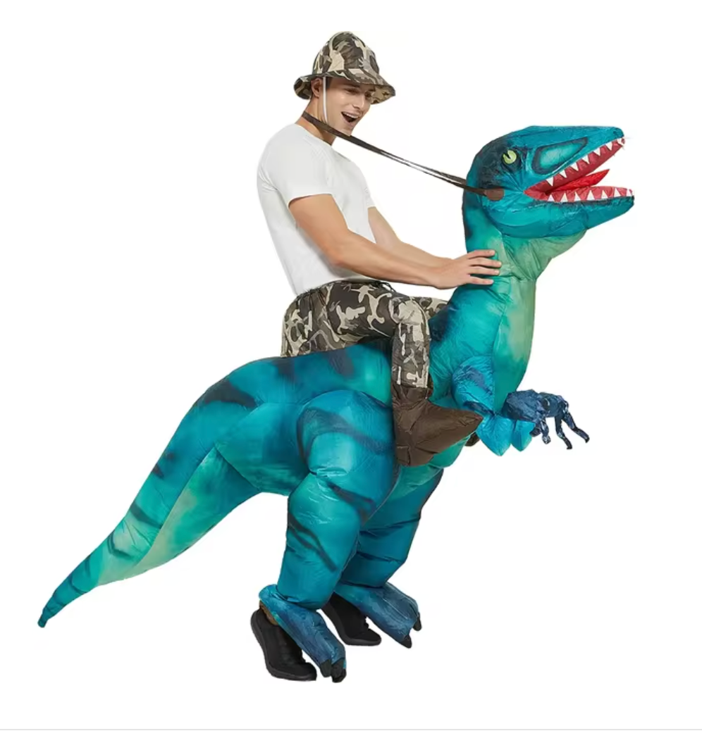 Durable blue inflatable dinosaur ride-on toy for active kids & adults. Perfect for outdoor parties.