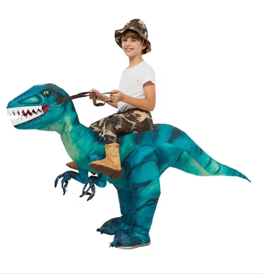 Kids' & adults' red inflatable dinosaur ride-on for active indoor & outdoor play. Fun toy.