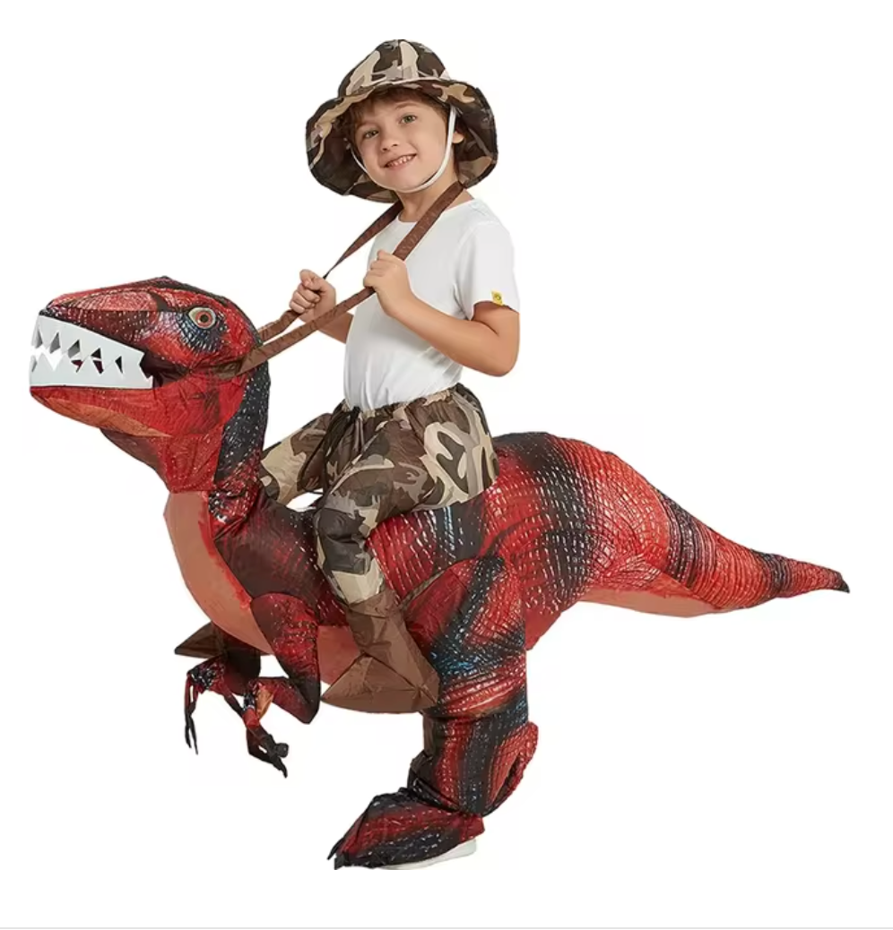 Active play blue inflatable dinosaur ride-on toy. Great for outdoor pool parties or garden fun.