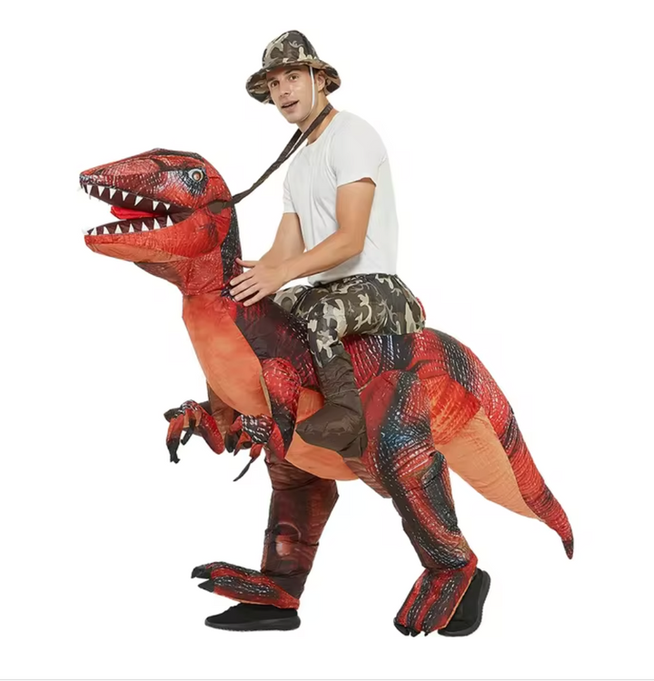 Inflatable dinosaur ride-on toy, red version, for kids and adults. Enjoy exciting outdoor play.